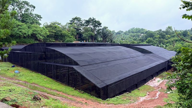 Shade houses on the GeoGrow farm with forested hills behind